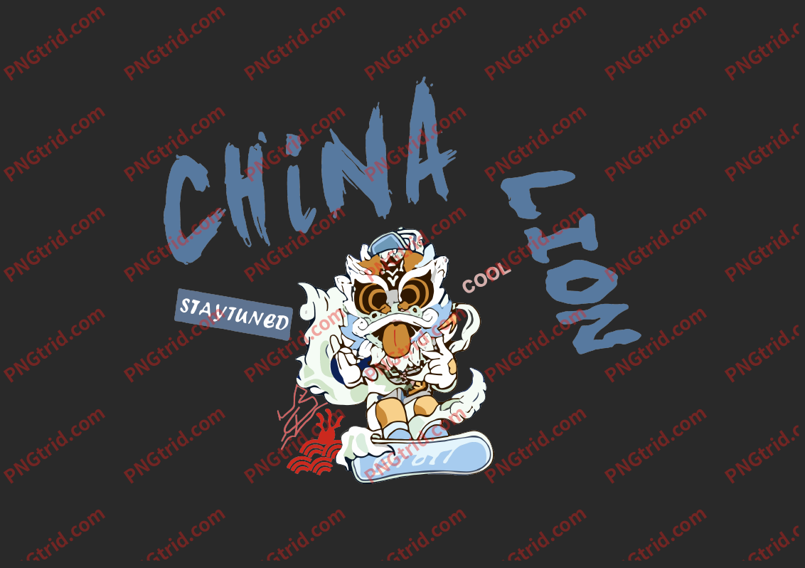 L224 舞狮 创意 CHINA LION 国潮 英文PNG部落_T恤图案_透明图_白墨_图案破脑瓜部落