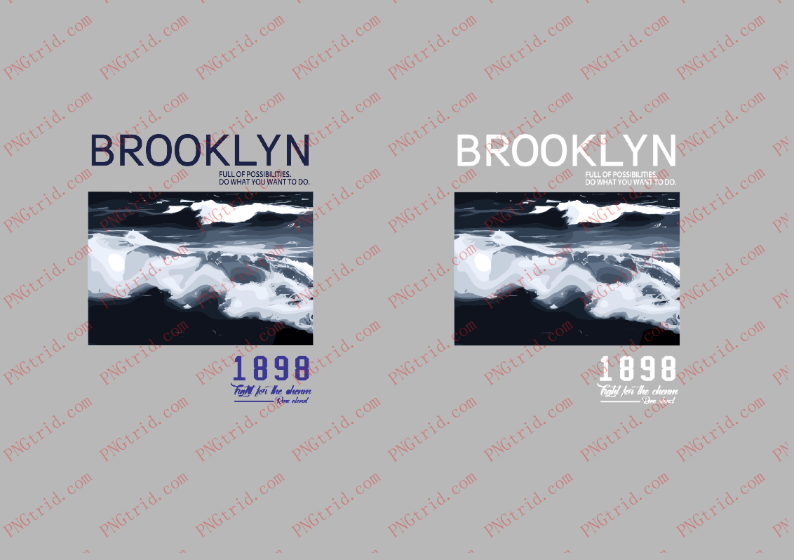 L1047 森系北欧 水墨画 海水 英文 BROOKLYN 1898PNG部落_T恤图案_透明图_白墨_图案破脑瓜部落